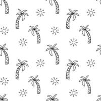 Seamless pattern with cute line palm tree and sun. outline monochrome doodle illustrations on white backdrop for kids vector