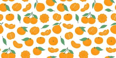 Seamless pattern with tangerine fruits and leaves. isolated illustrations of flat citrus on white. vector
