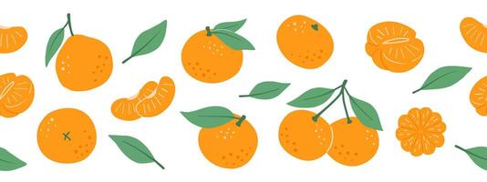 Seamless border with tangerine and leaves isolated on white background, flat design vector