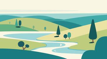 flat cartoon illustration of river and mountain landscape vector