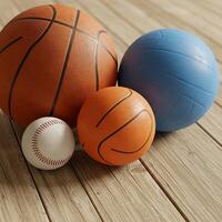 A group of three balls on a wooden floor photo