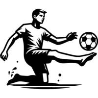 Tattoo emblem of beach soccer player barely reached ball flying pass with tip of his big toe in monochrome. Engraving minimalistic image in black ink drawing on white background vector