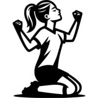 Sport emblem of soccer girl rejoices at a goal she scored, kneels down and raises her hands up in monochrome. Engraving minimalistic image in black ink drawing on white background vector