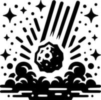 Sketchy cosmic emblem of asteroid falling on the surface of a planet with great speed, roar and explosion in monochrome. Engraving minimalistic image in black ink drawing on white background vector