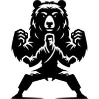 Sport emblem of bear style kung fu master in fighting stance front view in monochrome. Engraving minimalistic image in black ink drawing on white background vector