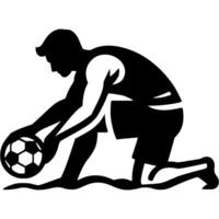Tattoo emblem of beach soccer player places a ball in sand at center point of field in monochrome. Engraving minimalistic image in black ink drawing on white background vector