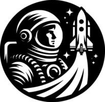 Sketchy cosmic emblem of astronaut first settler watches spaceship take off in monochrome. Engraving minimalistic image in black ink drawing on white background vector