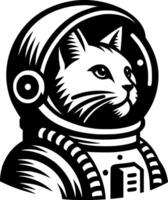 Sketchy cosmic emblem of face of a brave cat astronaut discoverer in monochrome. Engraving minimalistic image in black ink drawing on white background vector