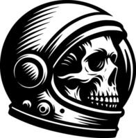 Sketchy cosmic emblem of human skull of an astronaut wearing a sealed helmet in monochrome. Engraving minimalistic image in black ink drawing on white background vector