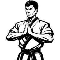 Tattoo emblem of taekwondo master folds hands in prayer pose in monochrome. Engraving minimalistic image in black ink drawing on white background vector