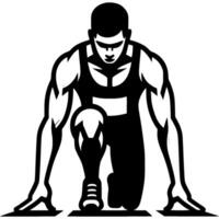 Sport emblem of focused male sprinter at starting position on running track, front view in monochrome. Engraving minimalistic image in black ink drawing on white background vector