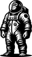 Sketchy cosmic emblem of gorilla astronaut dressed in space traveler costume in monochrome. Engraving minimalistic image in black ink drawing on white background vector