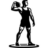 Sport emblem of male athlete stands in position preparing to push shot putter in monochrome. Engraving minimalistic image in black ink drawing on white background vector