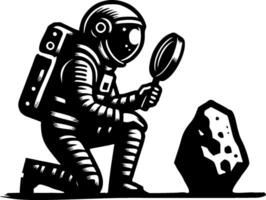 Sketchy cosmic emblem of stops scientist carefully examines meteorite find with magnifying glass in monochrome. Engraving minimalistic image in black ink drawing on white background vector