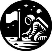 Sketchy cosmic emblem of astronaut plants flag on new planet in monochrome. Engraving minimalistic image in black ink drawing on white background vector