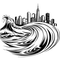 Sketchy engraving emblem of approaching wave to coast skyscrapers in monochrome. Engraving minimalistic image in black ink drawing on white background vector