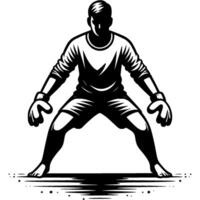 Tattoo emblem of goalkeeper beach soccer team player standing in concentrated tense pose waiting for ball in monochrome. Engraving minimalistic image in black ink drawing on white background vector