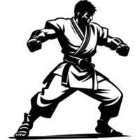 Tattoo emblem of legendary fighter with a powerful physique before start of a fight in monochrome. Engraving minimalistic image in black ink drawing on white background vector