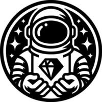 Sketchy cosmic emblem of astronaut holds in his hands a faceted crystal symbol of cosmic knowledge in monochrome. Engraving minimalistic image in black ink drawing on white background vector