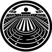 Sport emblem of sports stadium with stands and running tracks in monochrome. Engraving minimalistic image in black ink drawing on white background vector