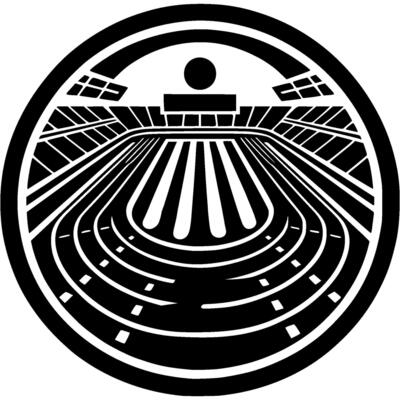 Sport emblem of sports stadium with stands and running tracks in monochrome. Engraving minimalistic image in black ink drawing on white background