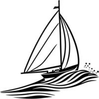 Sketchy engraving emblem of single seater sailing vessel sailing on rough waves in monochrome. Engraving minimalistic image in black ink drawing on white background vector