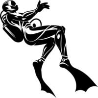 Sketchy engraving emblem of scuba diver in a tight elastic suit in monochrome. Engraving minimalistic image in black ink drawing on white background vector