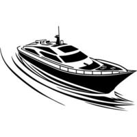 Sketchy engraving emblem of double deck pleasure yacht in monochrome. Engraving minimalistic image in black ink drawing on white background vector