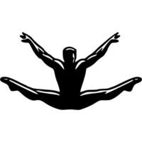 Sport emblem of gymnast man in a dance jump with a horizontal split in monochrome. Engraving minimalistic image in black ink drawing on white background vector