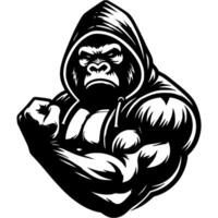 Tattoo of Gorilla bodybuilder shows off his biceps in monochrome. Trained muscular baboon monkey. Engraving minimalistic image in black ink drawing on white background vector