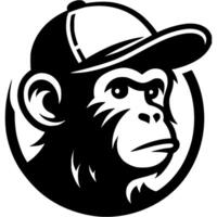 Tattoo of portrait of monkey primate baseball cap side view in monochrome. Chimp model head. Engraving minimalistic image in black ink drawing on white background vector