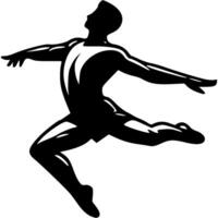 Sport emblem of gymnast man flying in a jump in monochrome. Engraving minimalistic image in black ink drawing on white background vector