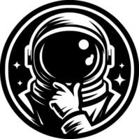 Sketchy cosmic emblem of astronaut thoughtfully holds his chin with his hand making a decision in monochrome. Engraving minimalistic image in black ink drawing on white background vector