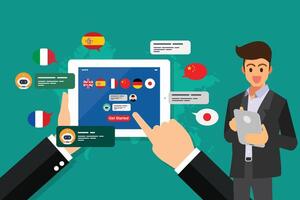 Businessman learning of different foreign languages through the tablet in the hand vector