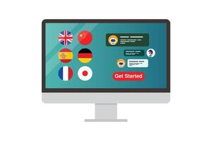 Learning of different foreign languages online on computer screen vector