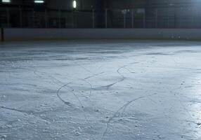 An empty ice rink with a hockey puck on it photo