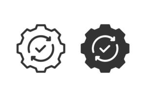 Gear with circular arrows around checkmark icon. Represents processes, updates, or successful completion of a cycle vector