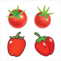 Set of Cartoon and Realistic Red Tomatoes and Peppers, Illustration vector