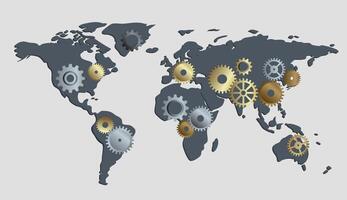 A minimalist world map composed of small mechanical gears of different sizes. Modern flat style vector