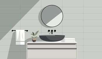 A minimalist modern illustration of a bathroom corner. A vanity with a round sink, a circular mirror. Fat design, neutral tones vector