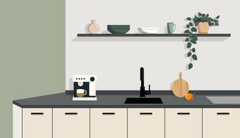 A minimalist flat illustration of a small kitchen corner. A countertop with a sink, coffee machine, cutting board. Muted colors vector