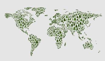 A minimalist illustration of a world map formed from trees. Green pine trees arranged in the shape of continents. vector