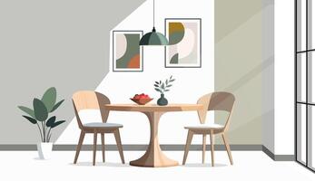 Illustration of a dining area. A simple round wooden dining table with two chairs. Neutral tones, flat style. vector