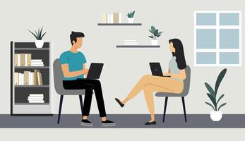 Minimalist flat illustration of a man and a woman working on laptops. Simple office environment. Professional mood. vector