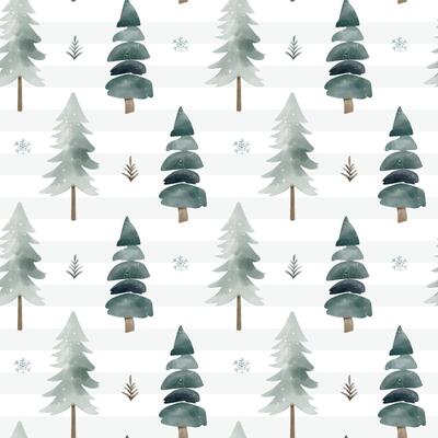 Winter seamless pattern with snowy trees. Christmas pattern. Wintertime backgrounds. Cute watercolor fir trees.
