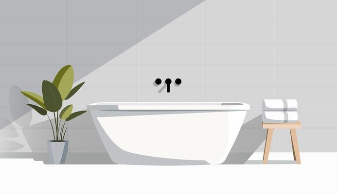 A minimalist modern illustration of a bathroom. Focus on the bathtub. Soft natural light, flat design, neutral tones