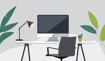 A minimalist illustration of workspace. A desk with a computer monitor. Flat design, simple composition vector