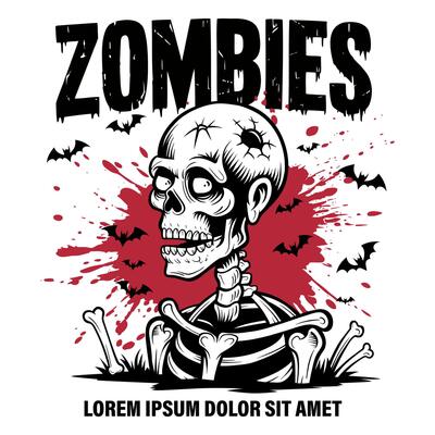 Grunge illustration of a zombie skeleton with blood splatters and bats