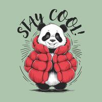 Cool panda illustration wearing a red puffer jacket with STAY COOL text vector