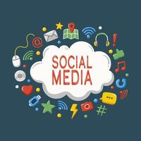 Cartoon cloud with Social Media text surrounded by colorful internet and social networking icons vector